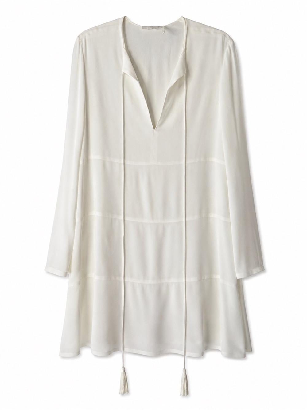 Chloé Silk Blend Tassel Tie Tunic Dress Ivory Boho Luxe Tiered Mini EU 36